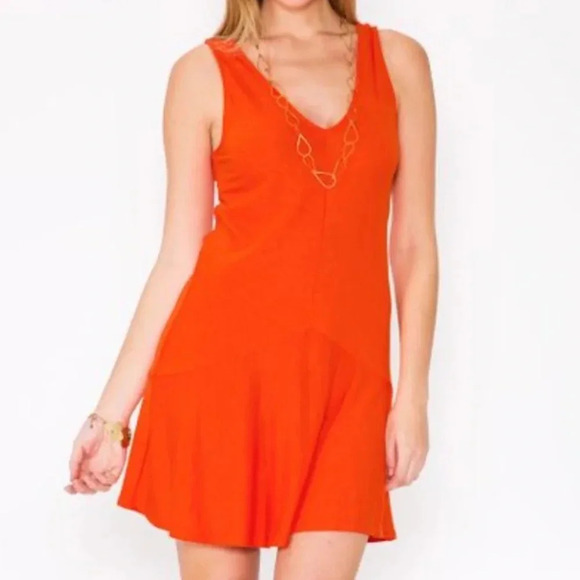 Lanston Sleeveless V Neck Drop Waist Mini Dress Womens XS Orange - Picture 2 of 14